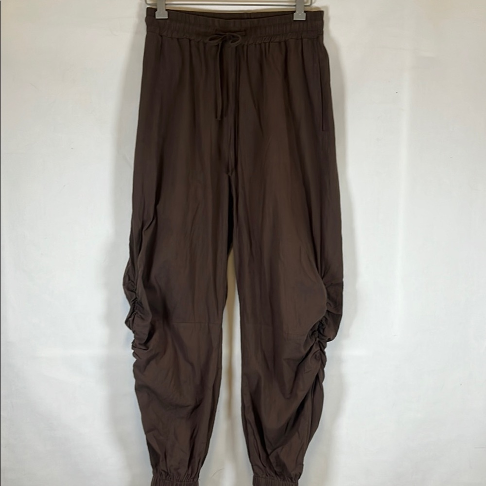 100% Linen Pants Women's Size S Pull-on Elastic Waist with Jogger Hem Ruched Leg